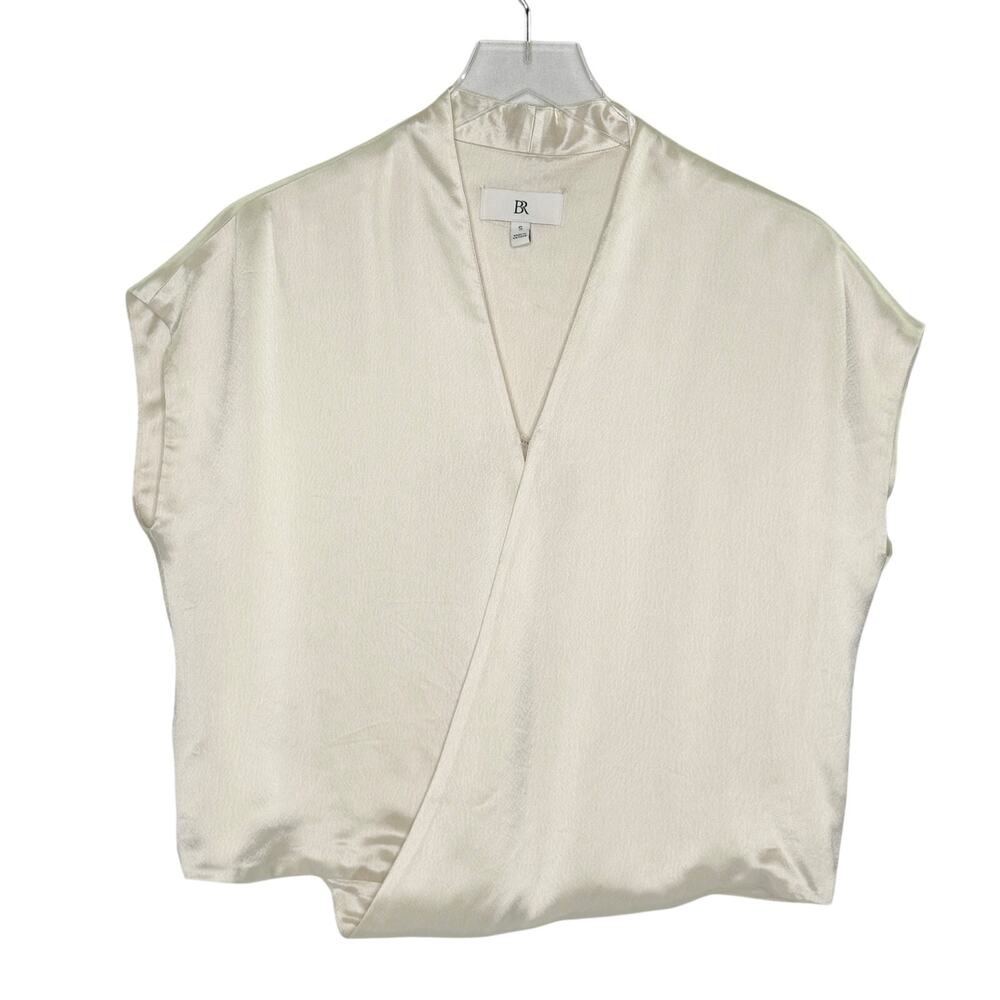 Banana Republic Wrap Front Cap Sleeve Satin Poppy Top S Cream Minimalist